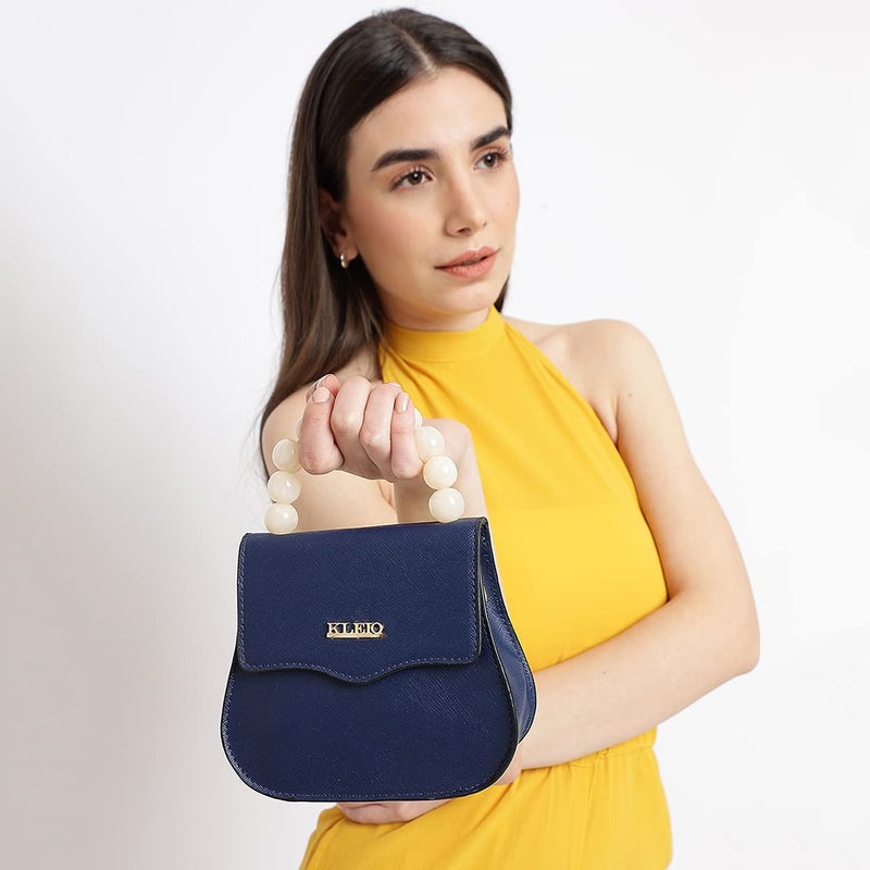 KLEIO Textured Leather Mini Handbag for Women - Royal Blue with Beaded Handle - Image 2
